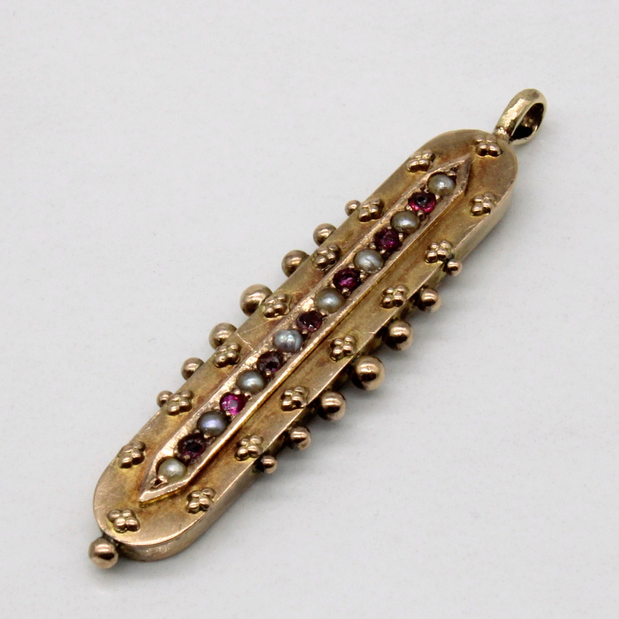 1896 Hallmarked Synthetic Ruby & Seed Pearl Vertical Pendant | 0.10ct |