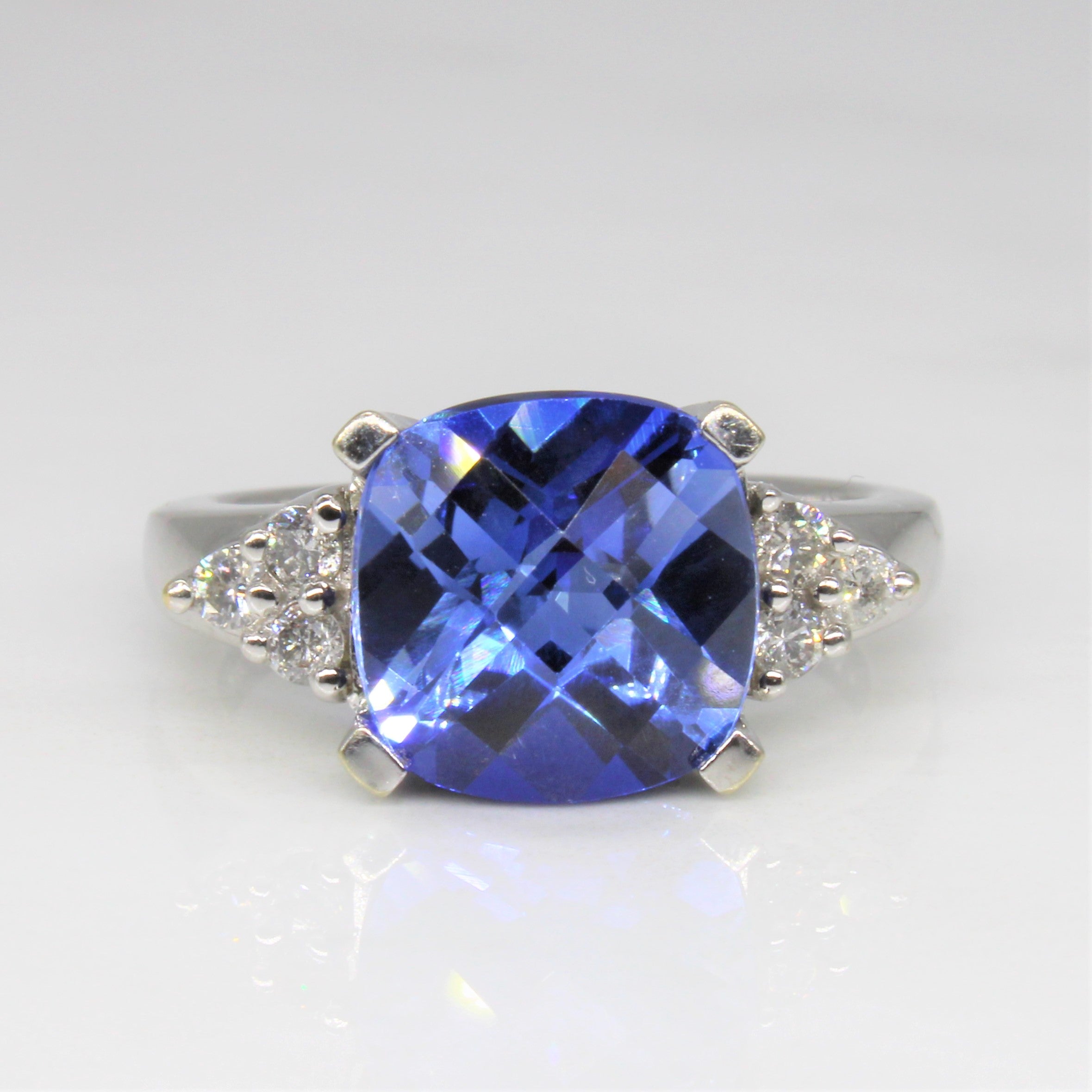 Cushion Cut Synthetic Sapphire & Diamond Ring | 4.00ct, 0.15ctw | SZ 7 |