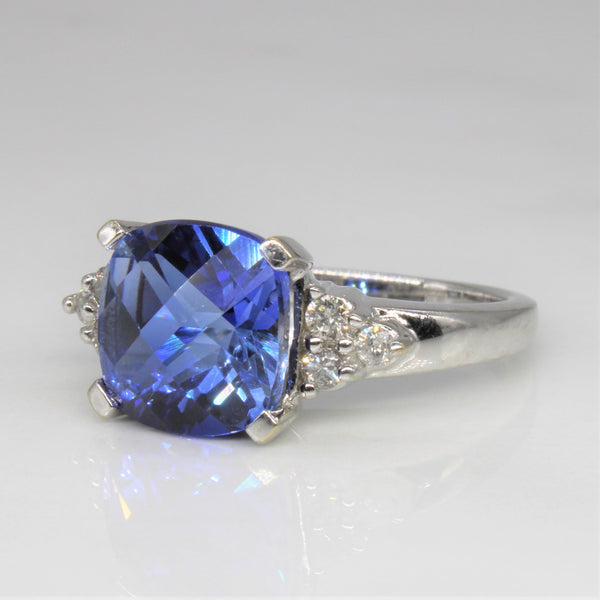 Cushion Cut Synthetic Sapphire & Diamond Ring | 4.00ct, 0.15ctw | SZ 7 |
