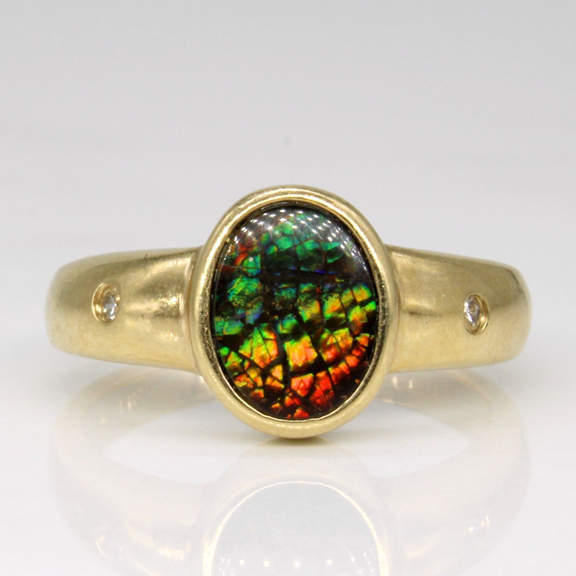 Ammolite & Diamond Three Stone Ring | 0.74ct, 0.01ct | SZ 6.25 |
