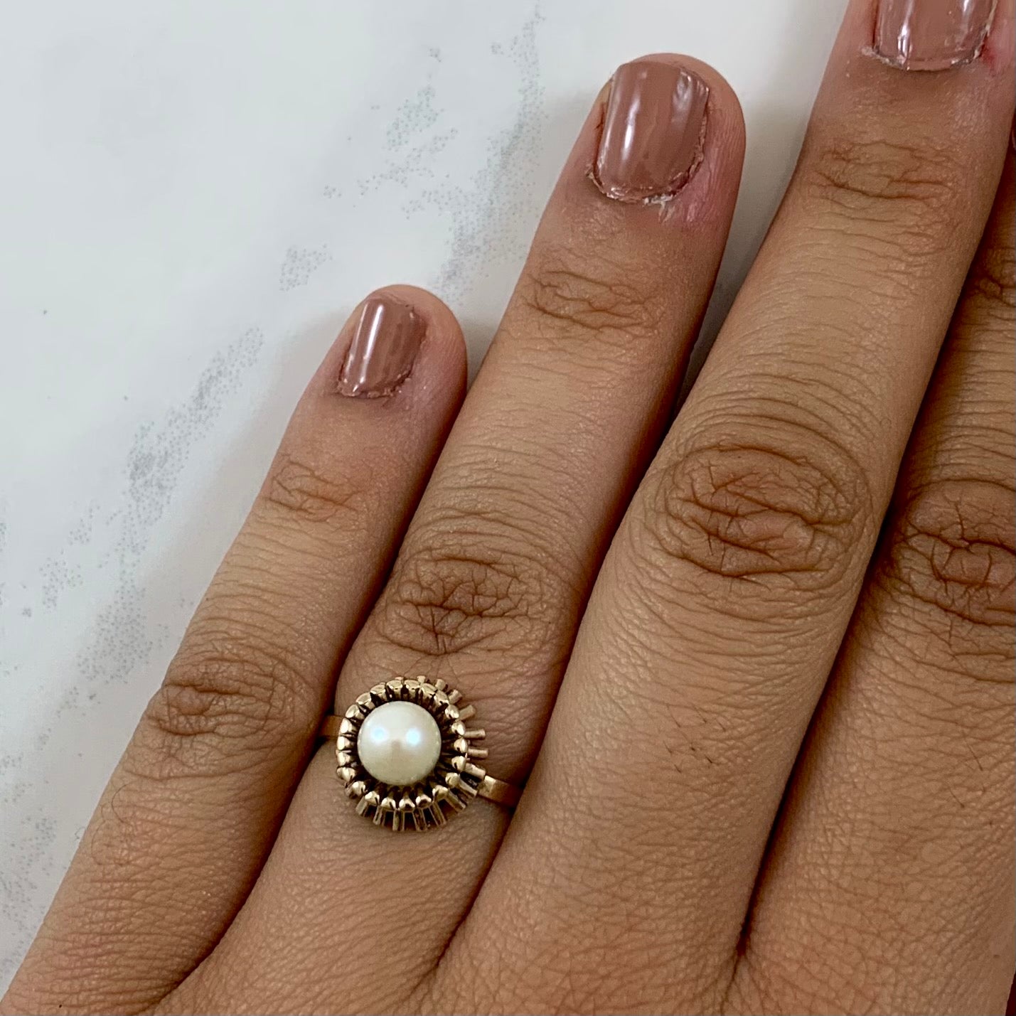 Gold Burst Halo Pearl Cocktail Ring | 1.70ct | SZ 7.25 |