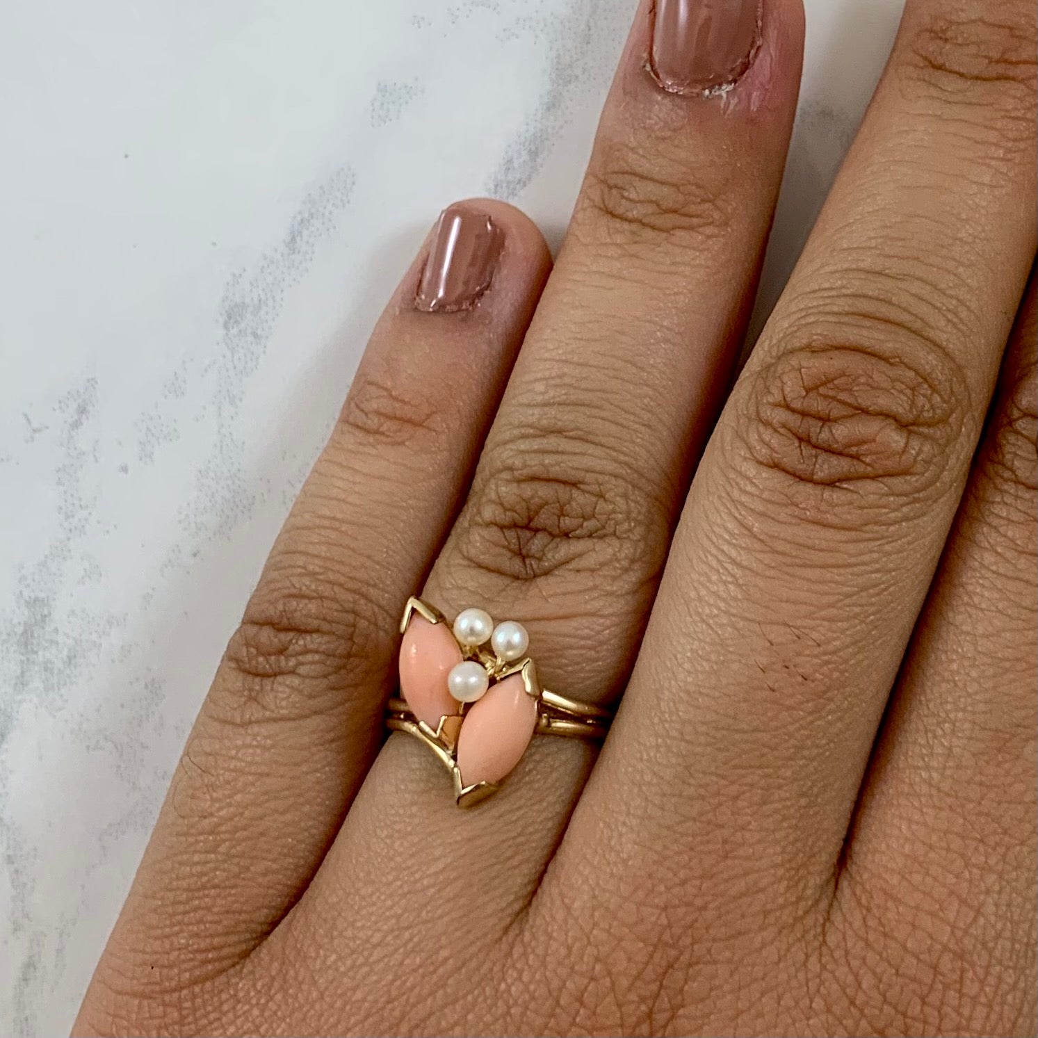 Marquise Coral Cabochon & Pearl Ring | 1.10ctw, 0.45ctw | SZ 7 |