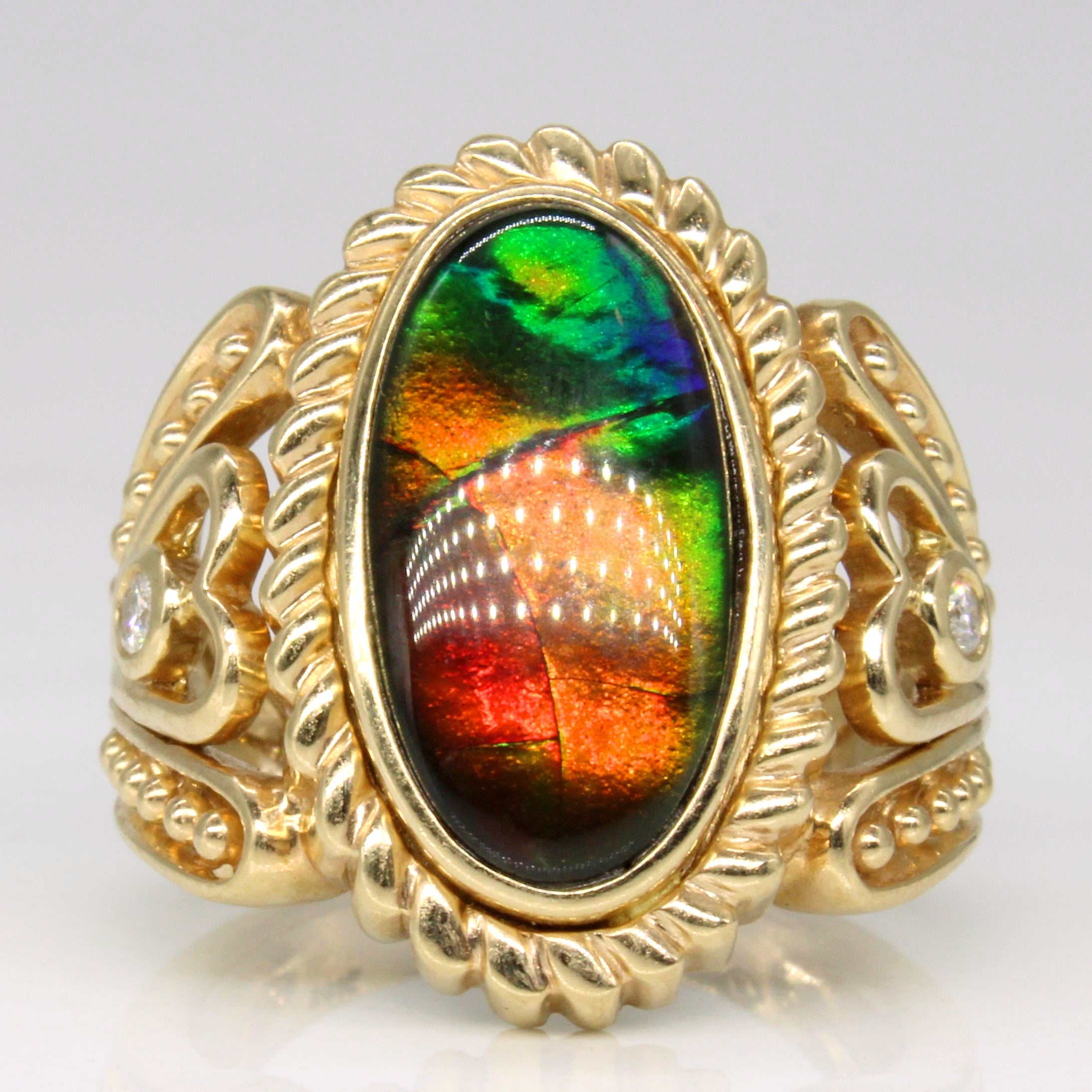 Ammolite & Diamond Ornate Cocktail Ring | 3.20ct, 0.06ctw | SZ 6.25 |