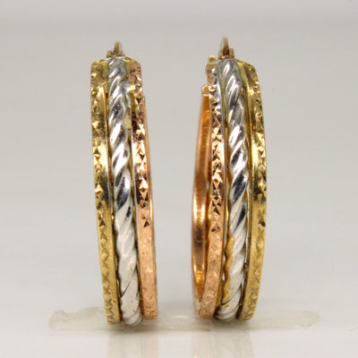 Tri Tone Gold Patterned Hoop Earrings |