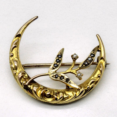 Seed Pearl Moon 12k Brooch