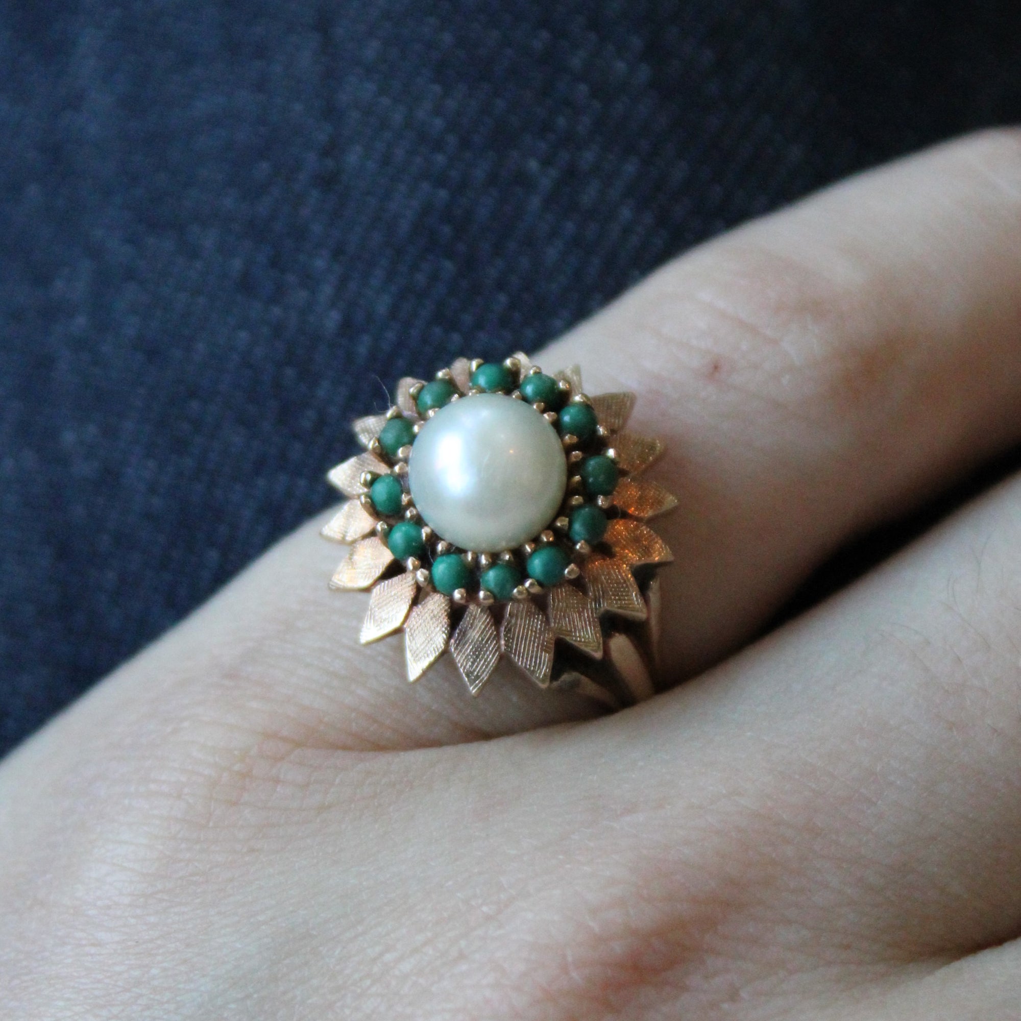 Turquoise & Pearl High Set Ring | 0.36ctw | SZ 6.25 |