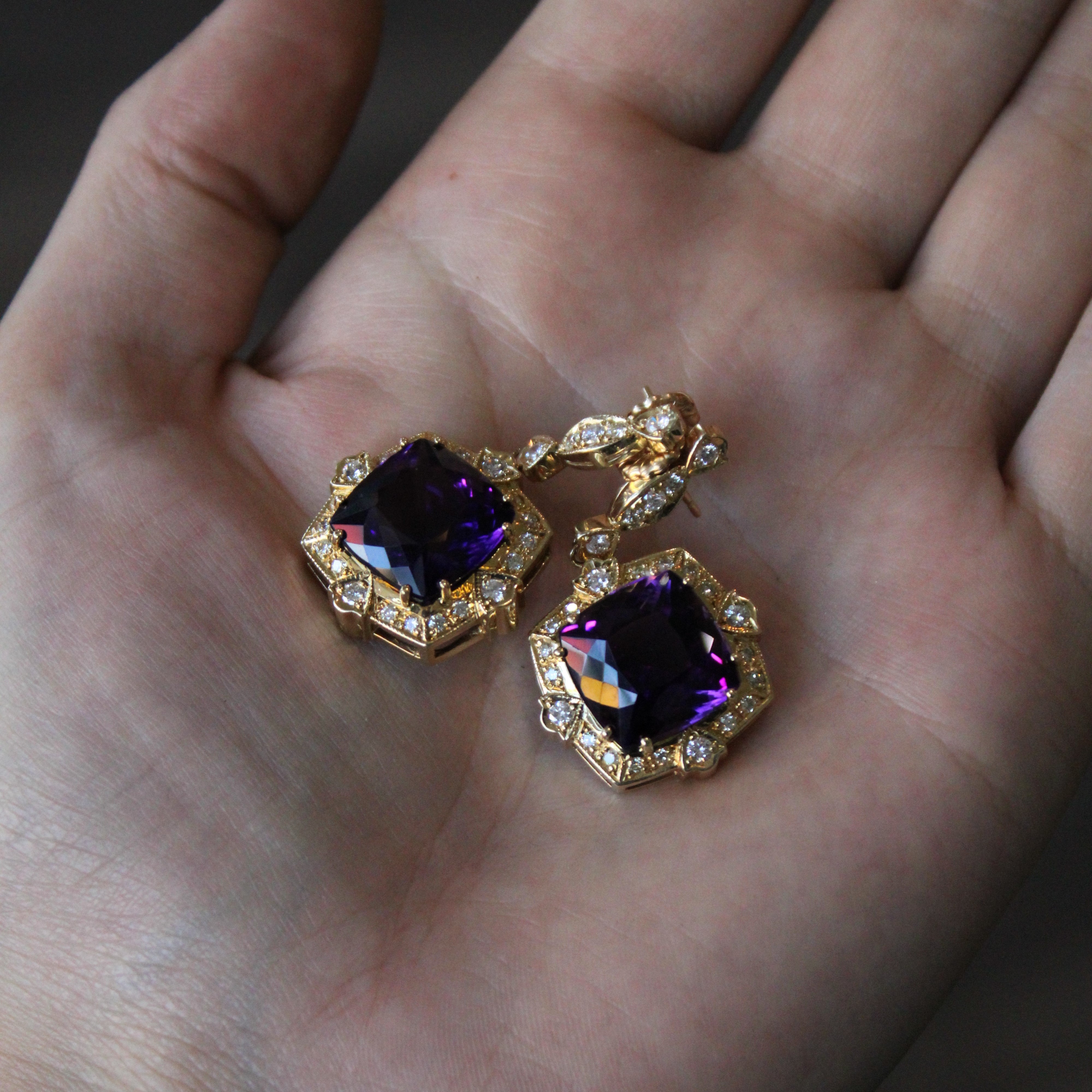 Art Deco Inspired Amethyst & Diamond Drop Earrings | 18.50ctw, 1.32ctw |