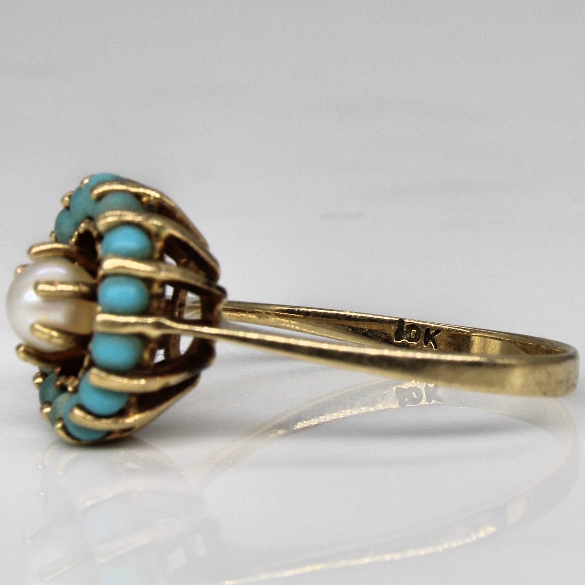 High Set Turquoise & Pearl Halo Ring | 0.63ctw | SZ 7 |