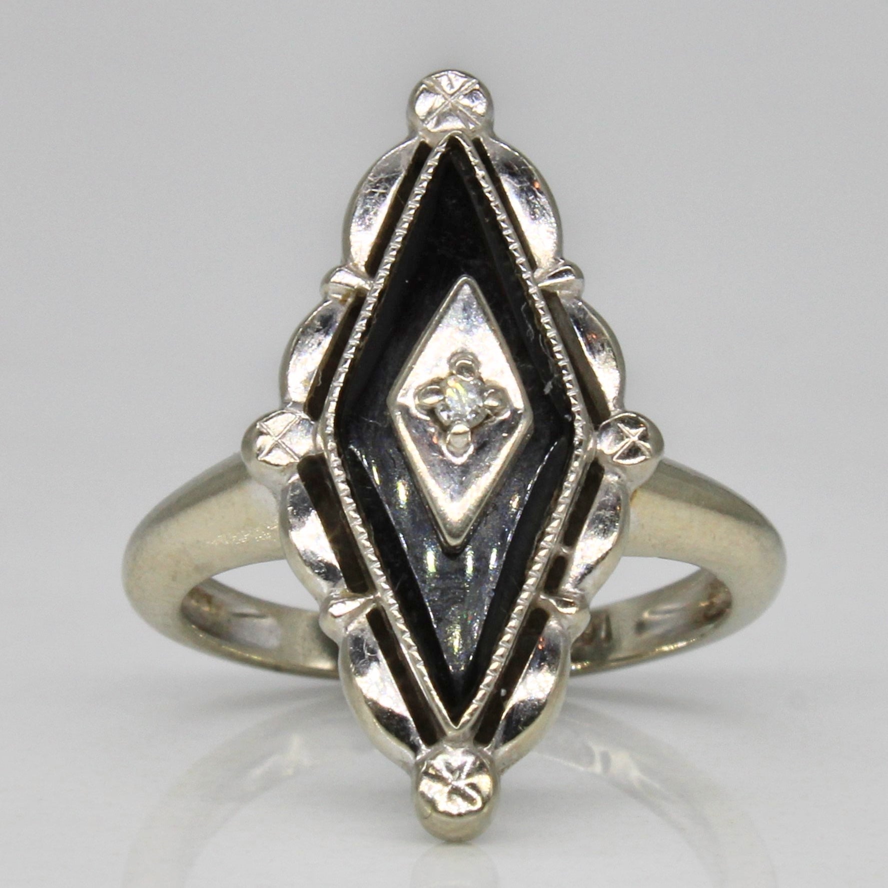 Navette Onyx & Diamond Ring | 1.60ct, 0.01ct | SZ 2 |