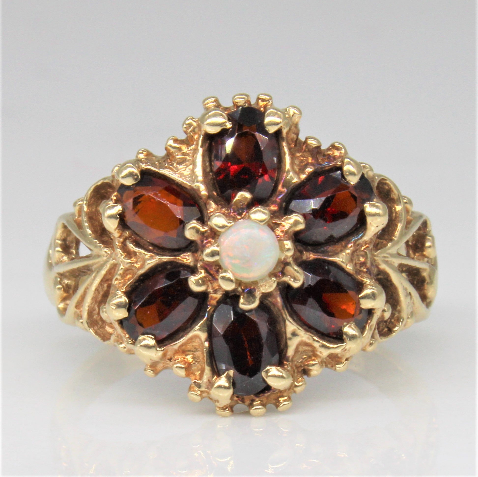 Garnet & Opal Flower Ring | 1.20ctw, 0.07ct | SZ 8.25 |