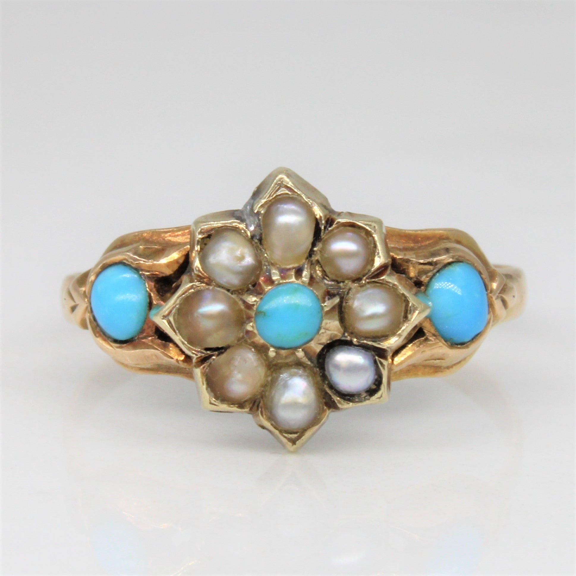 Victorian Turquoise & Pearl Ring | 0.25ctw | SZ 7.5 |