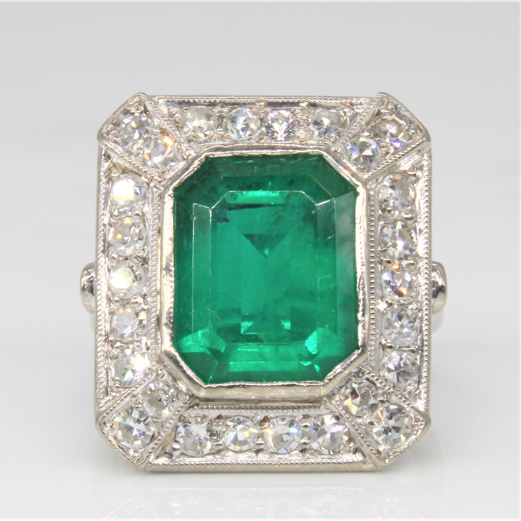 Art Deco Synthetic Emerald & Diamond Cocktail Ring | 4.00ct, 0.78ctw | SZ 4.5 |