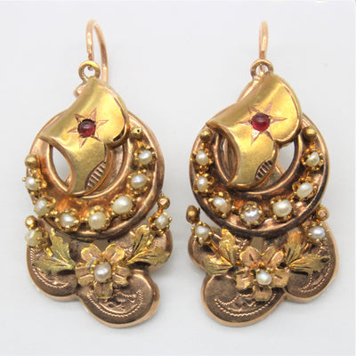 Victorian Seed Pearl & Red Glass Earrings |