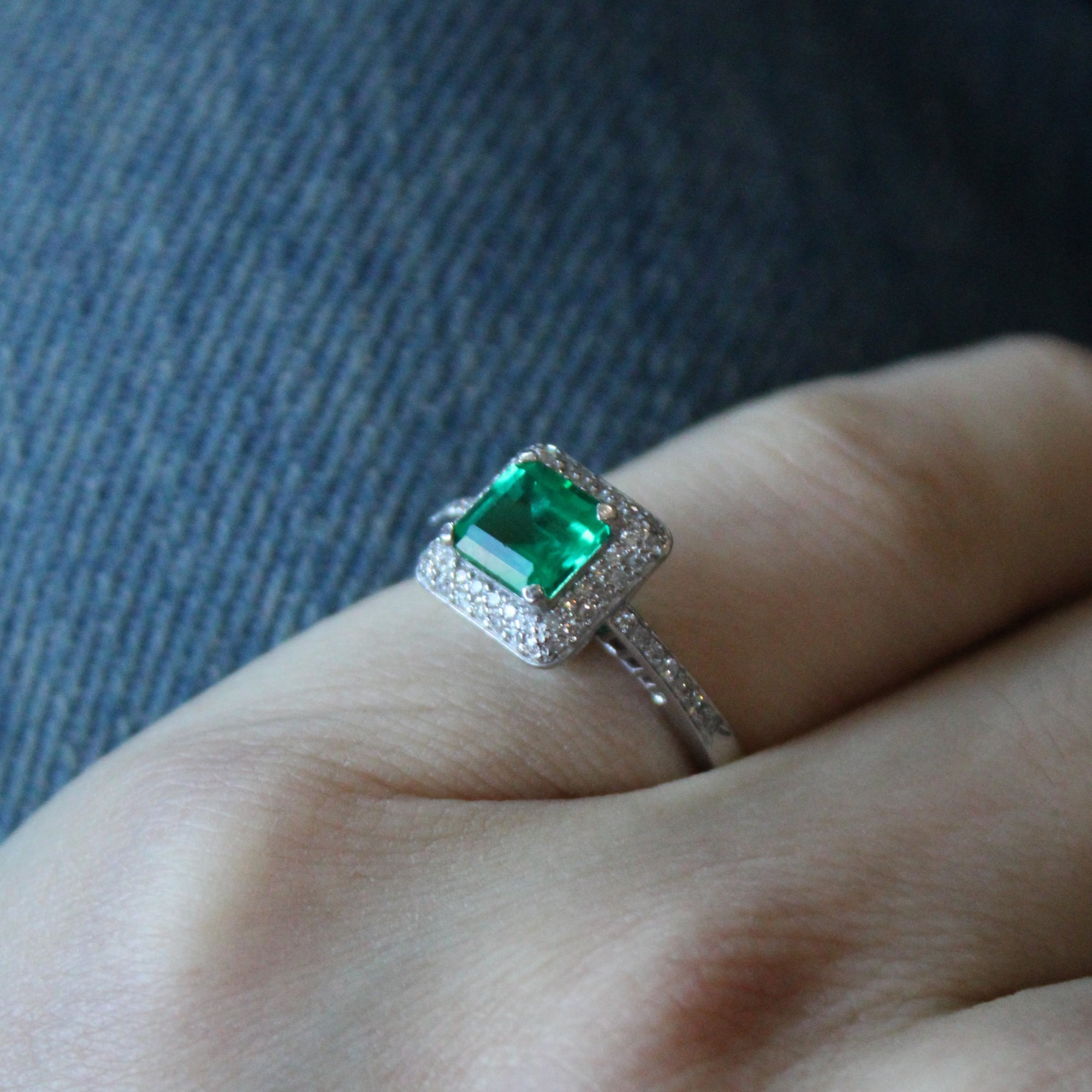 Synthetic Emerald & Diamond Halo Engagement Ring | 1.00ct, 0.15ctw | SZ 6.5 |