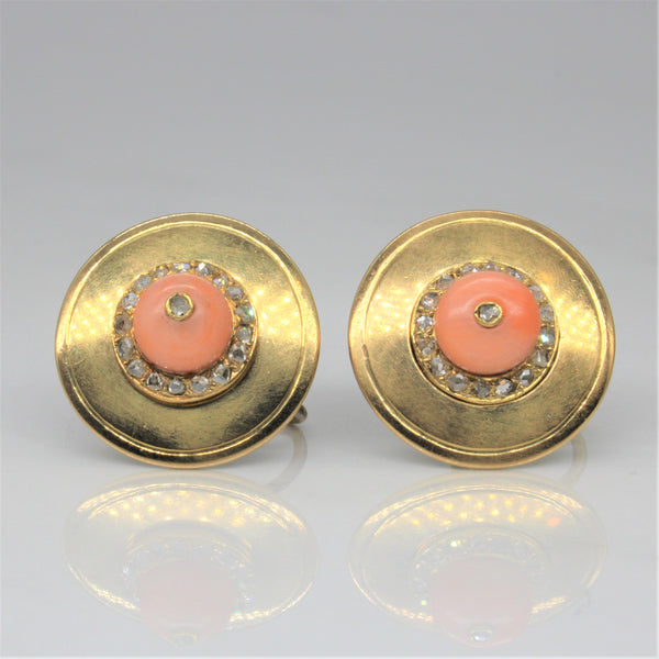 1920s Coral & Diamond Button Earrings | 2.00ctw, 0.24ctw |