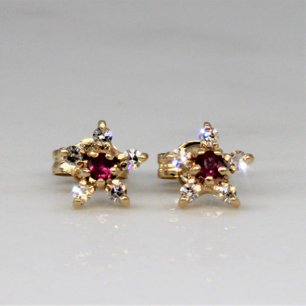 Ruby & Diamond Star Stud Earrings | 0.06ctw, 0.05ctw |