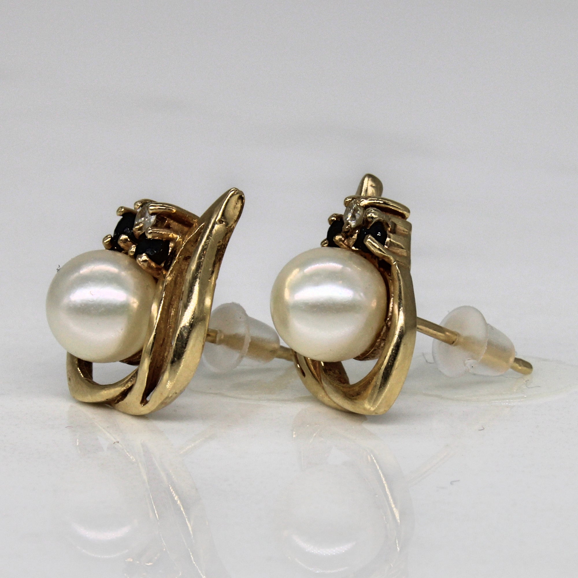 Pearl & Sapphire Stud Earrings | 0.08ctw, 0.03ctw |