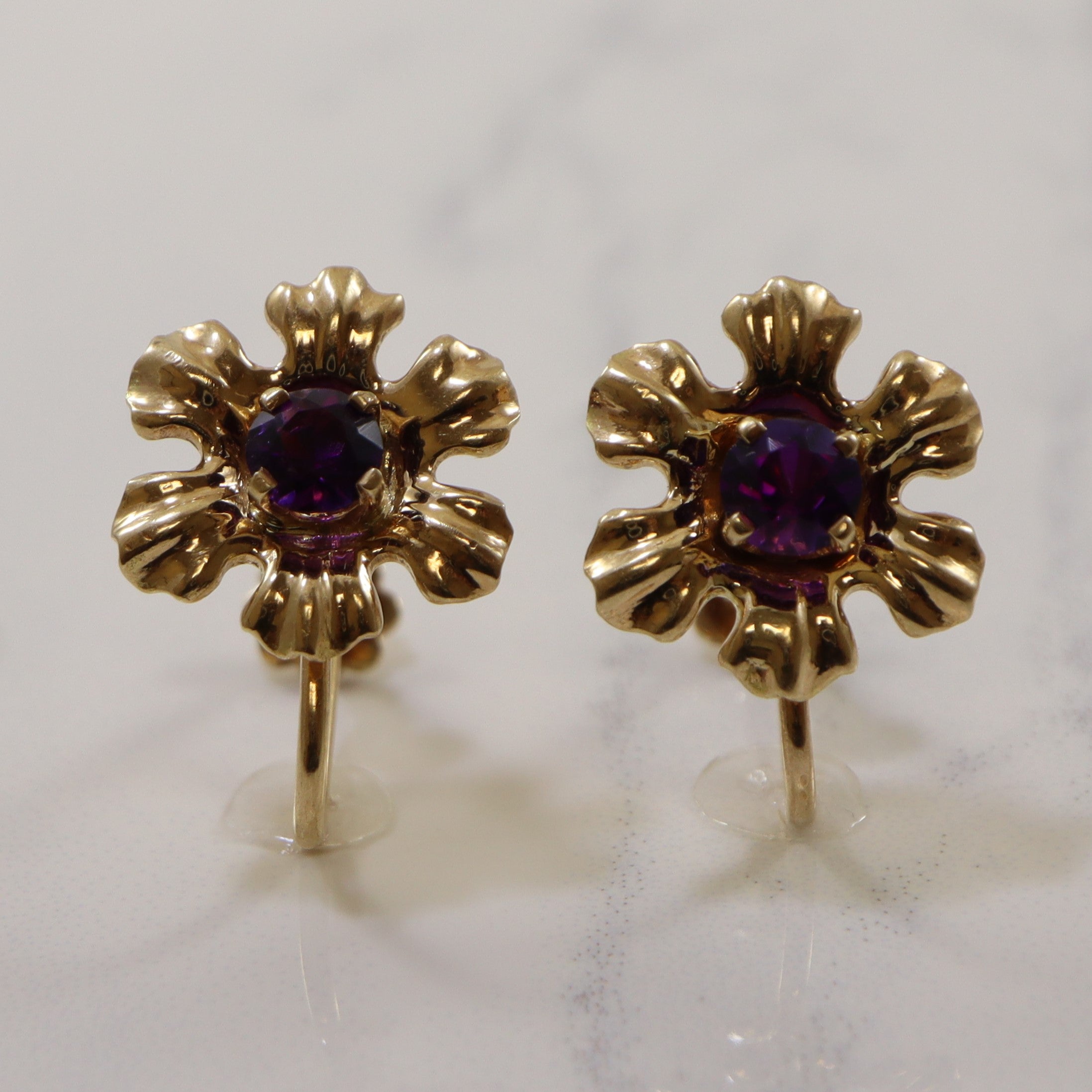 'Birks' 1960s Floral Amethyst Clip On Earrings | 0.50ctw |