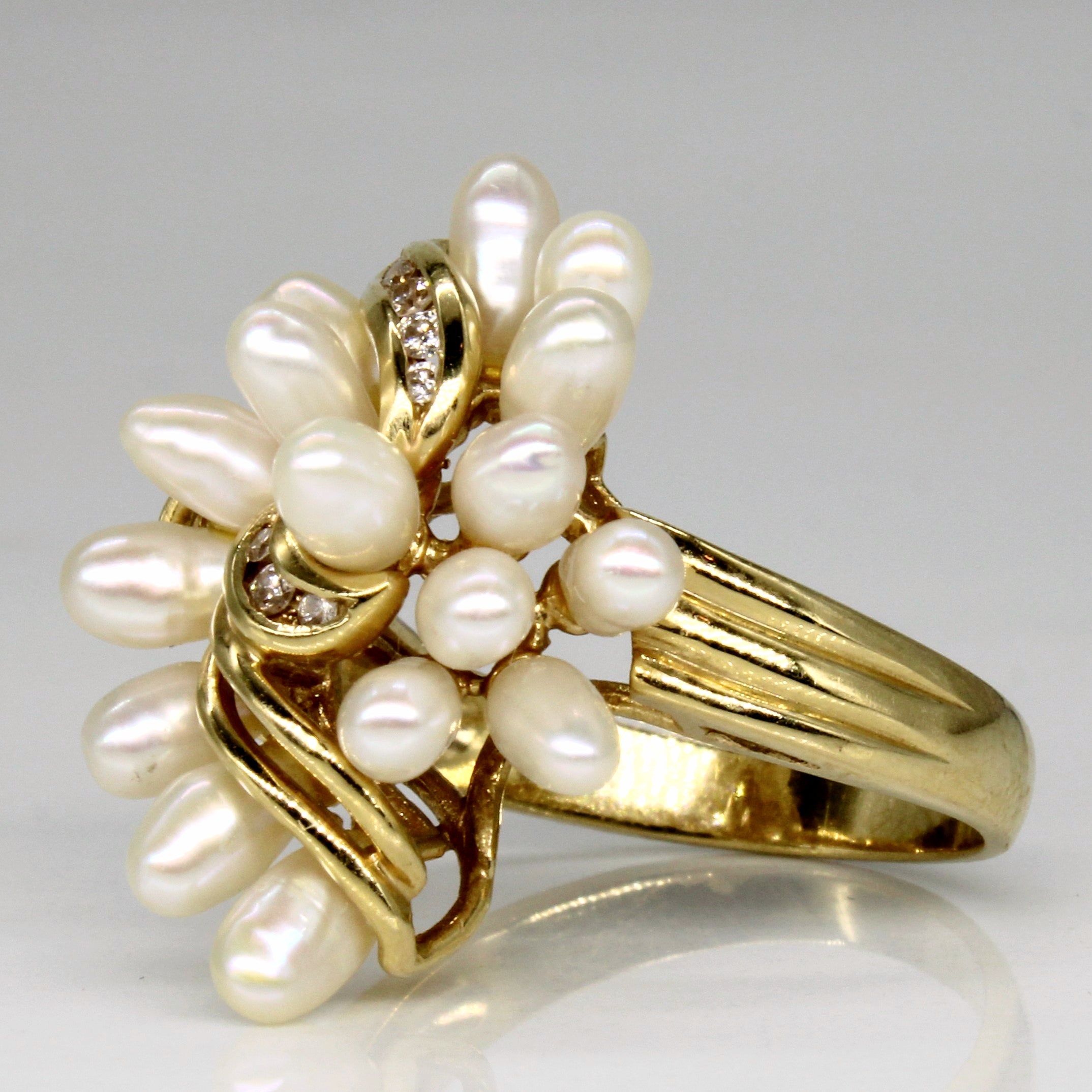 Cascading Pearl & Diamond Cocktail Ring | 0.06ctw | SZ 6.25 |