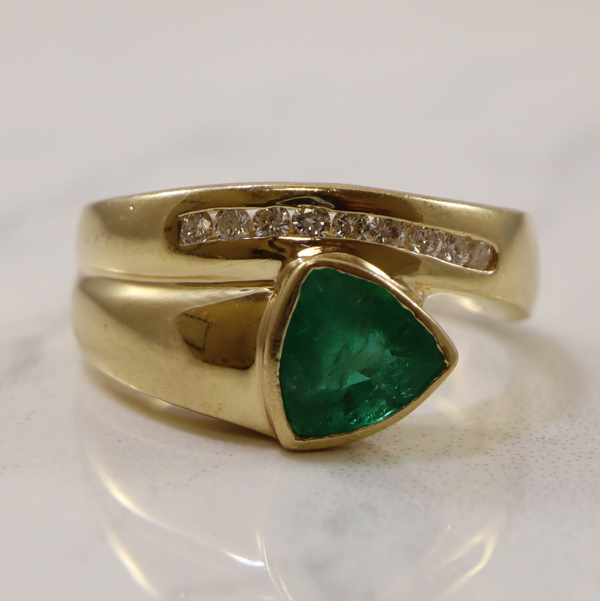 Trillion Cut Emerald & Diamond Bypass Ring | 0.18ctw, 1.00ct | SZ 7 |