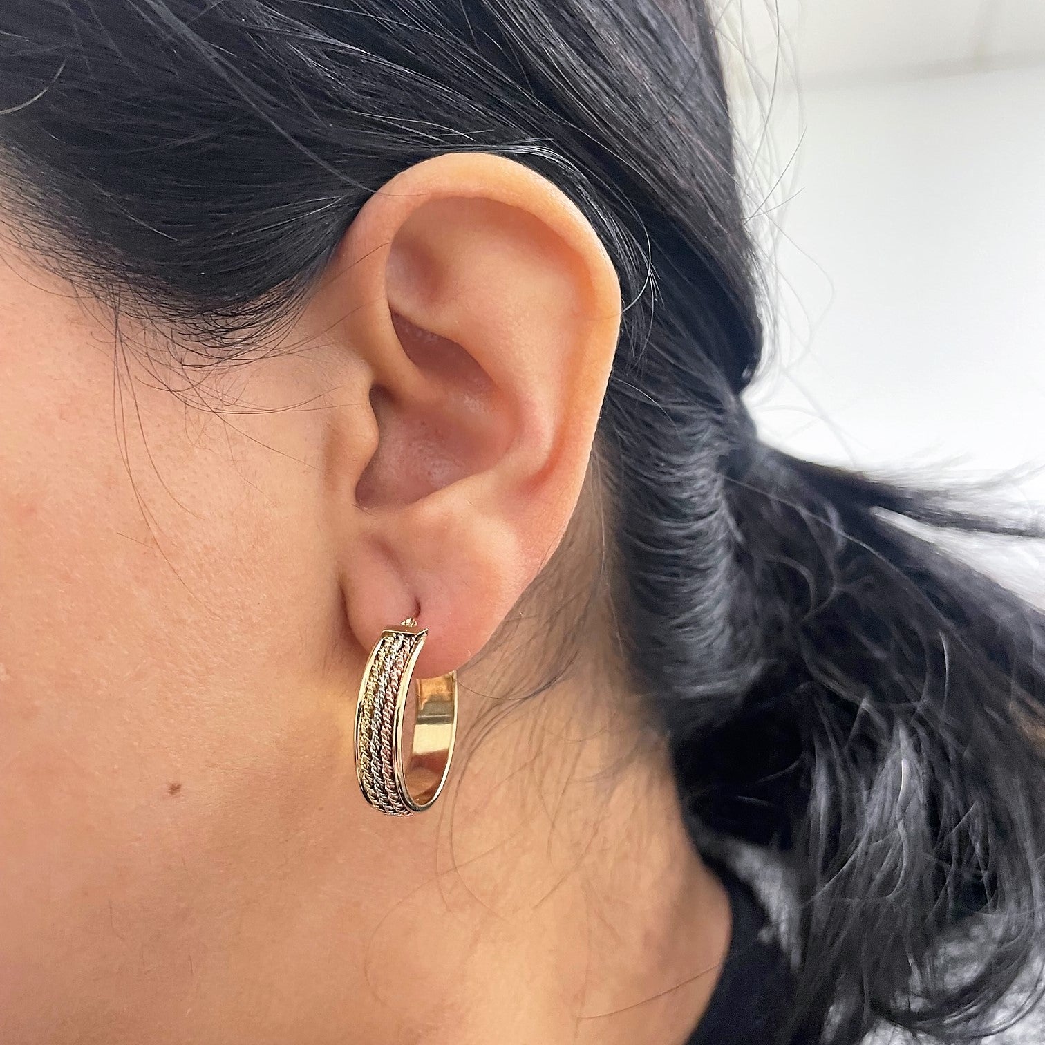 Tri Tone Gold Braided Hoop Earrings |