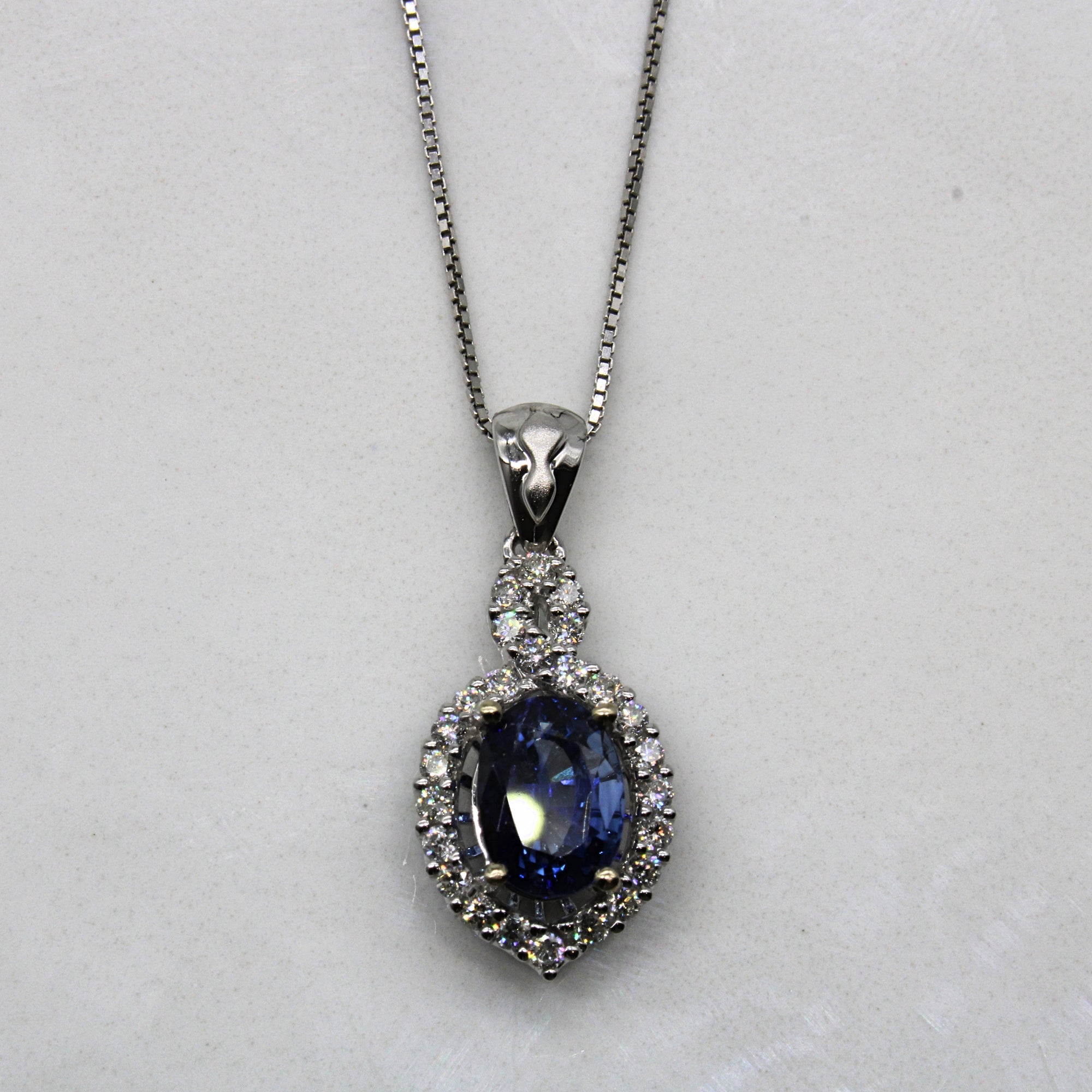 Sapphire & Diamond Halo Necklace | 1.45ct, 0.26ctw | 18