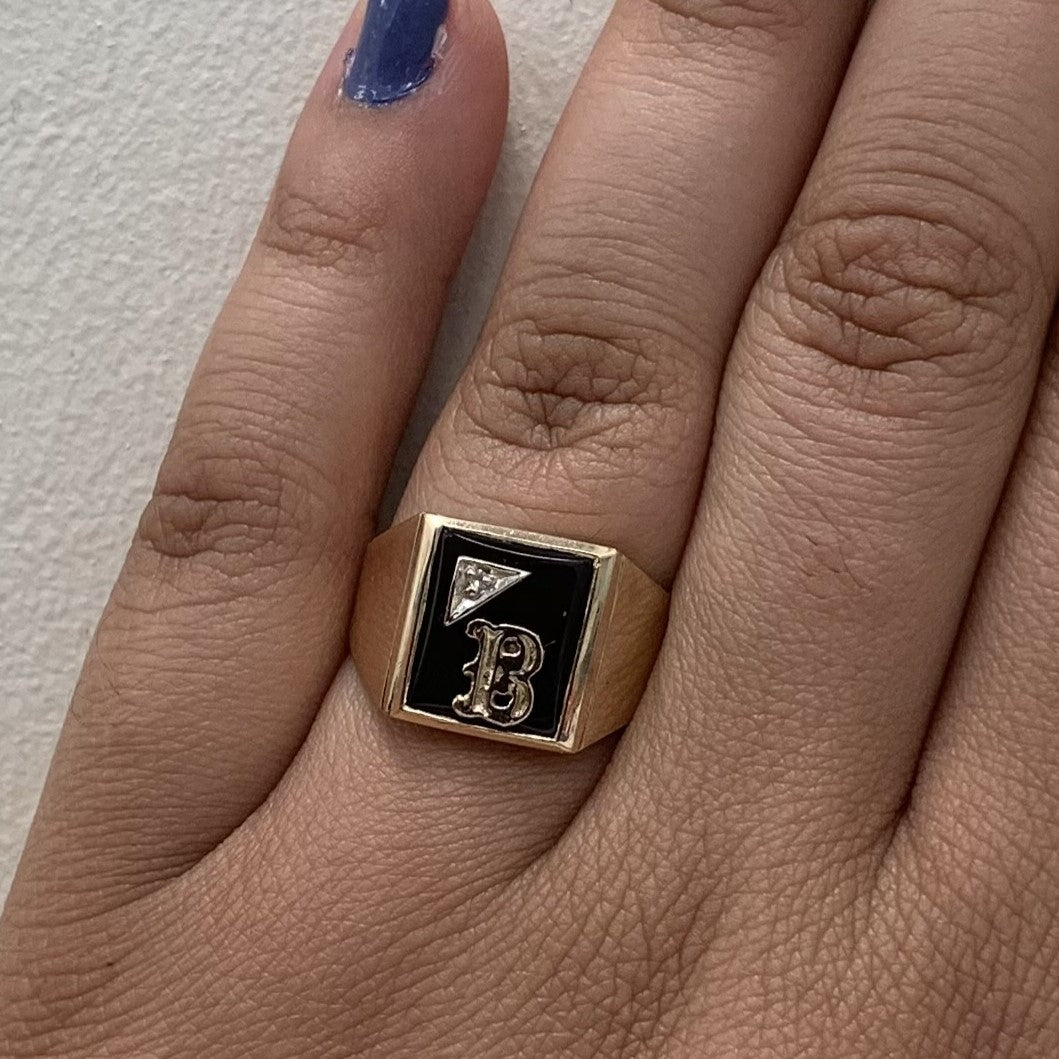 Black Onyx & Diamond Initial 'B' Signet Ring | 4.00ct, 0.01ctw | SZ 10 |