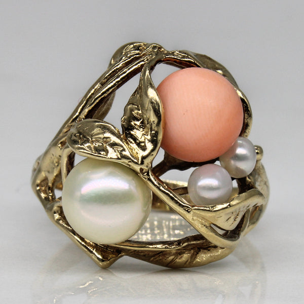 Coral & Pearl Cocktail Ring | SZ 9.25 |