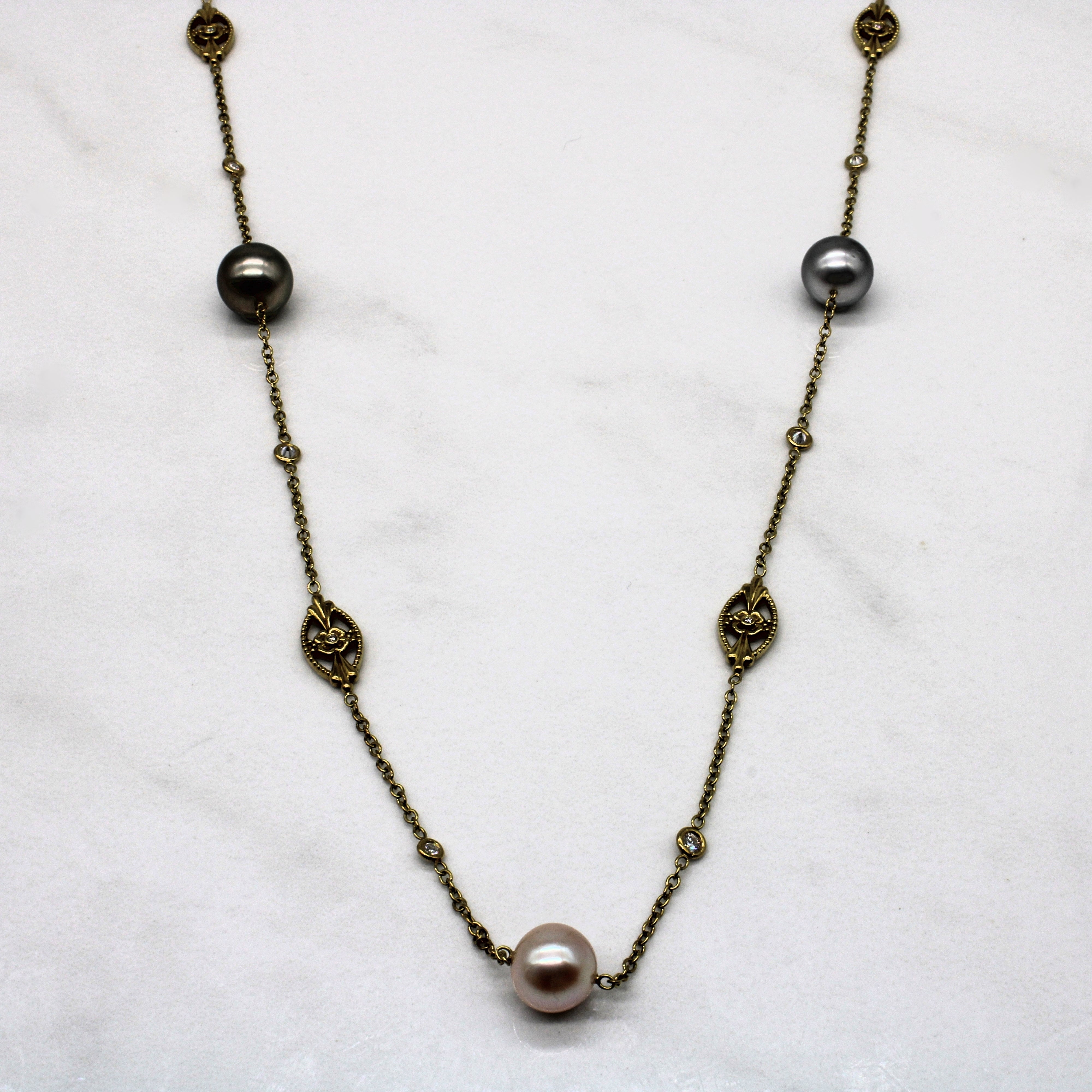 Diamond & Pearl Station Necklace | 0.60ctw | 33" |