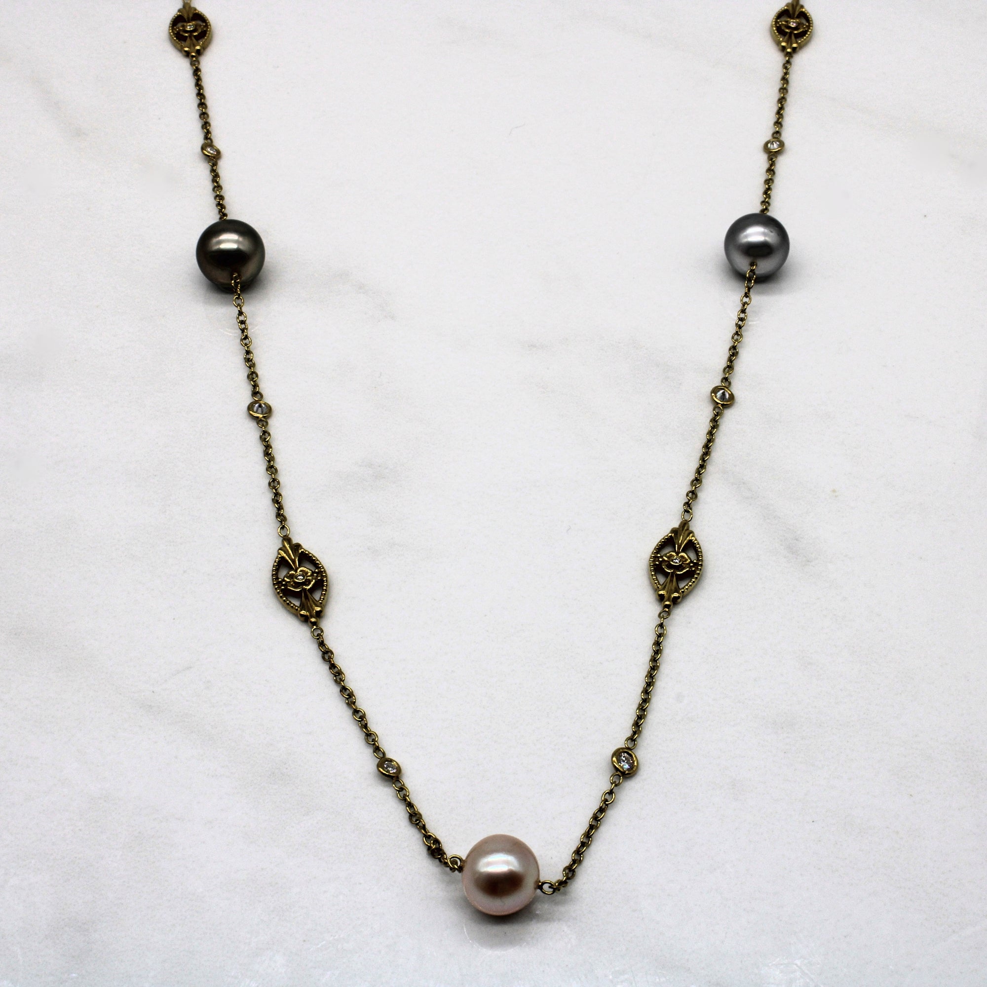 Diamond & Pearl Station Necklace | 0.60ctw | 33