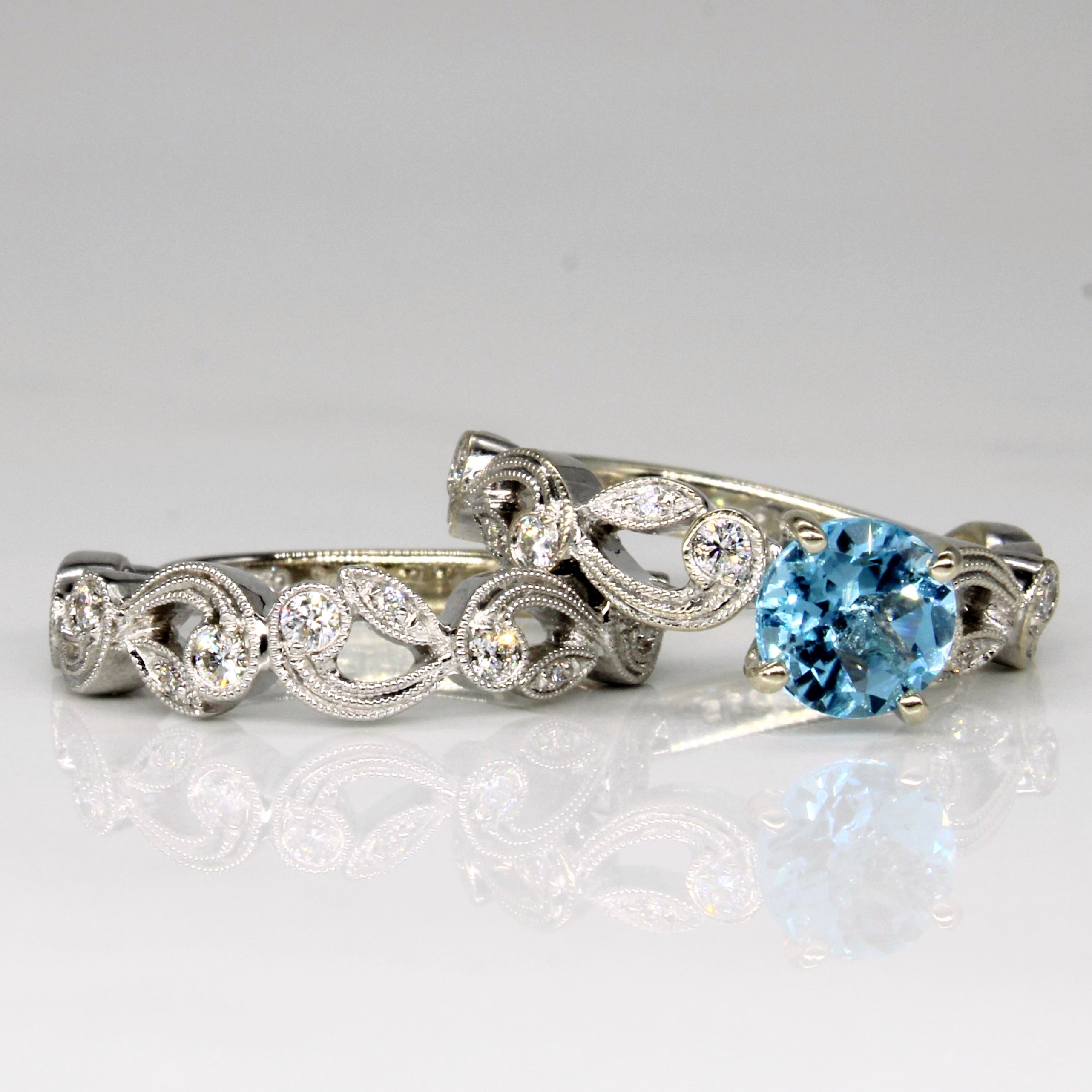 Simon G' Blue Topaz Trellis Wedding Set | 0.80ct, 0.26ctw | SZ 4.5 |