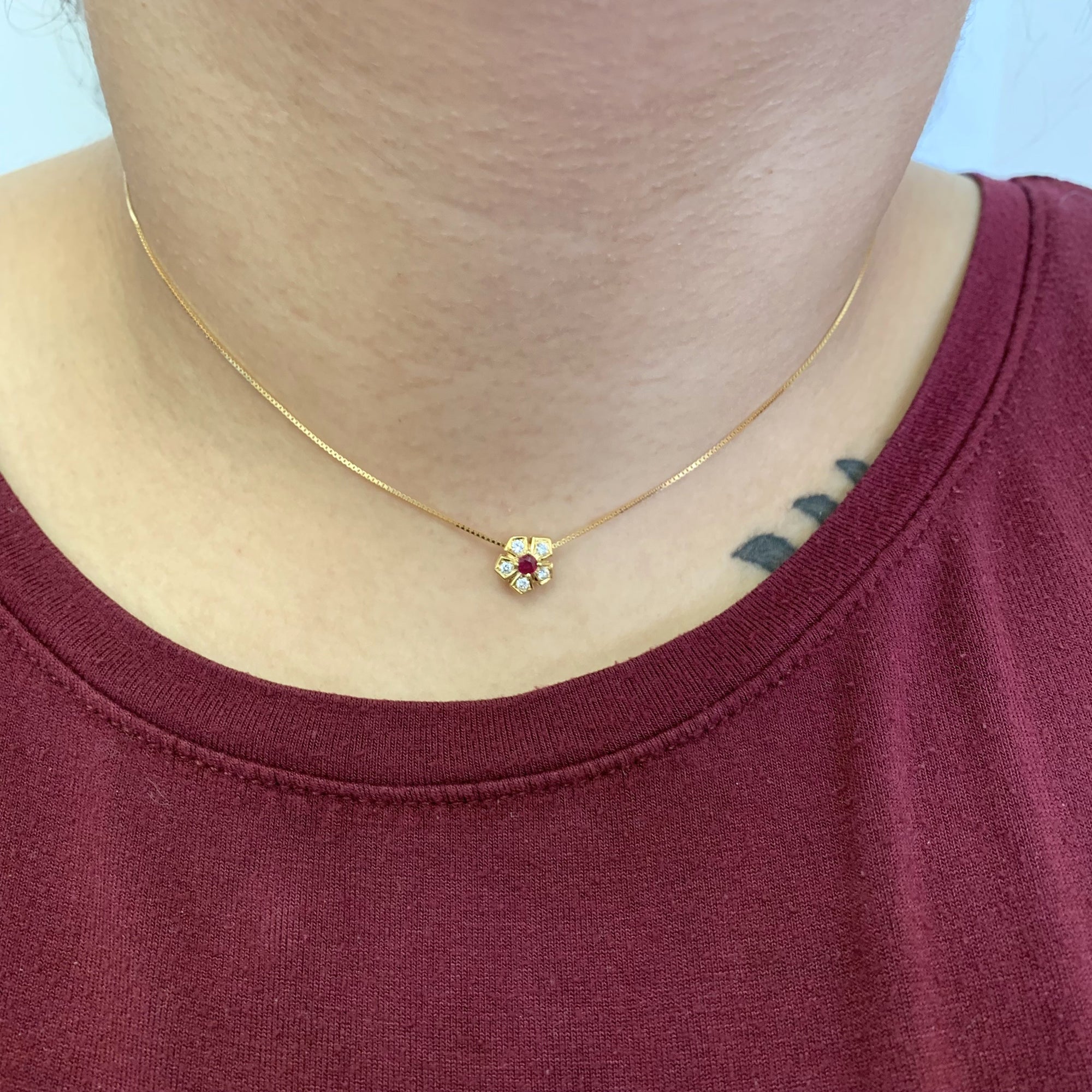 Yellow Gold Ruby & Diamond Flower Necklace | 0.11ct, 0.10ctw | 15.5