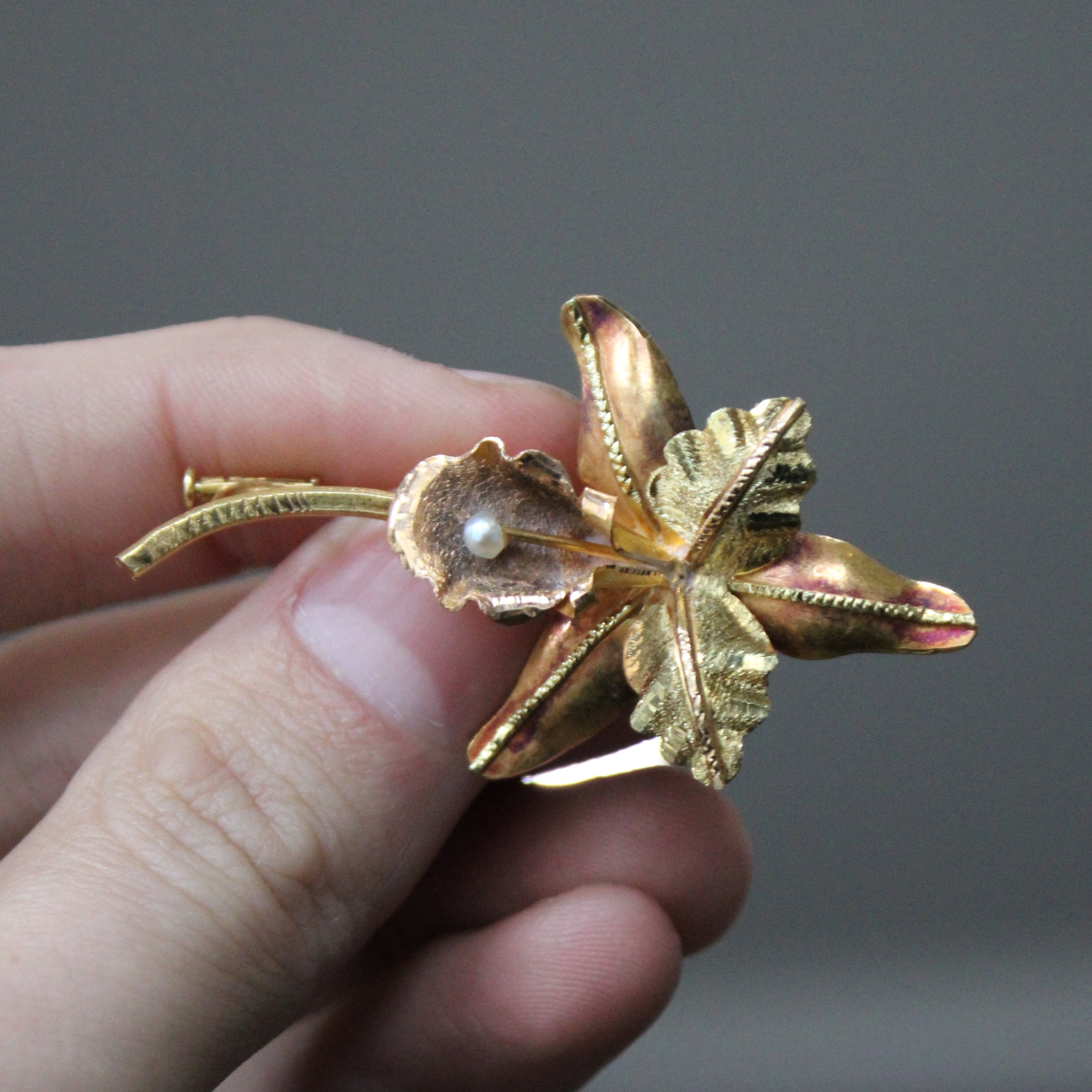 Early Mid Century Pearl Orchid Brooch |