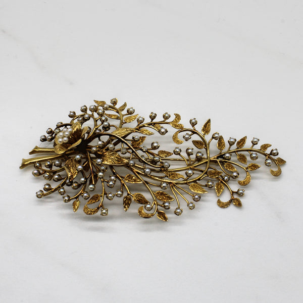 Floral Seed Pearl 15k Yellow Gold Brooch |