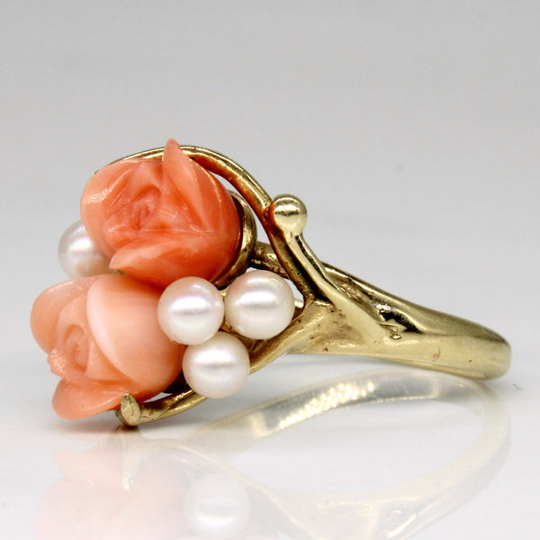 Floral Coral & Pearl Cocktail Ring | 4.00ctw | SZ 4.5 |