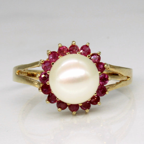 Pearl & Ruby Halo Ring | 0.32ctw | SZ 7 |