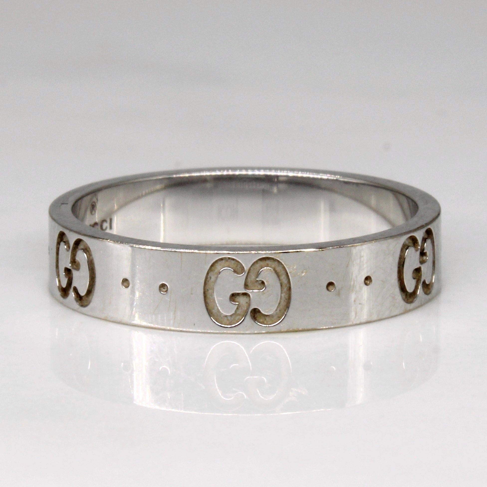 'Gucci' White Gold Designer Ring | SZ 6.75 |