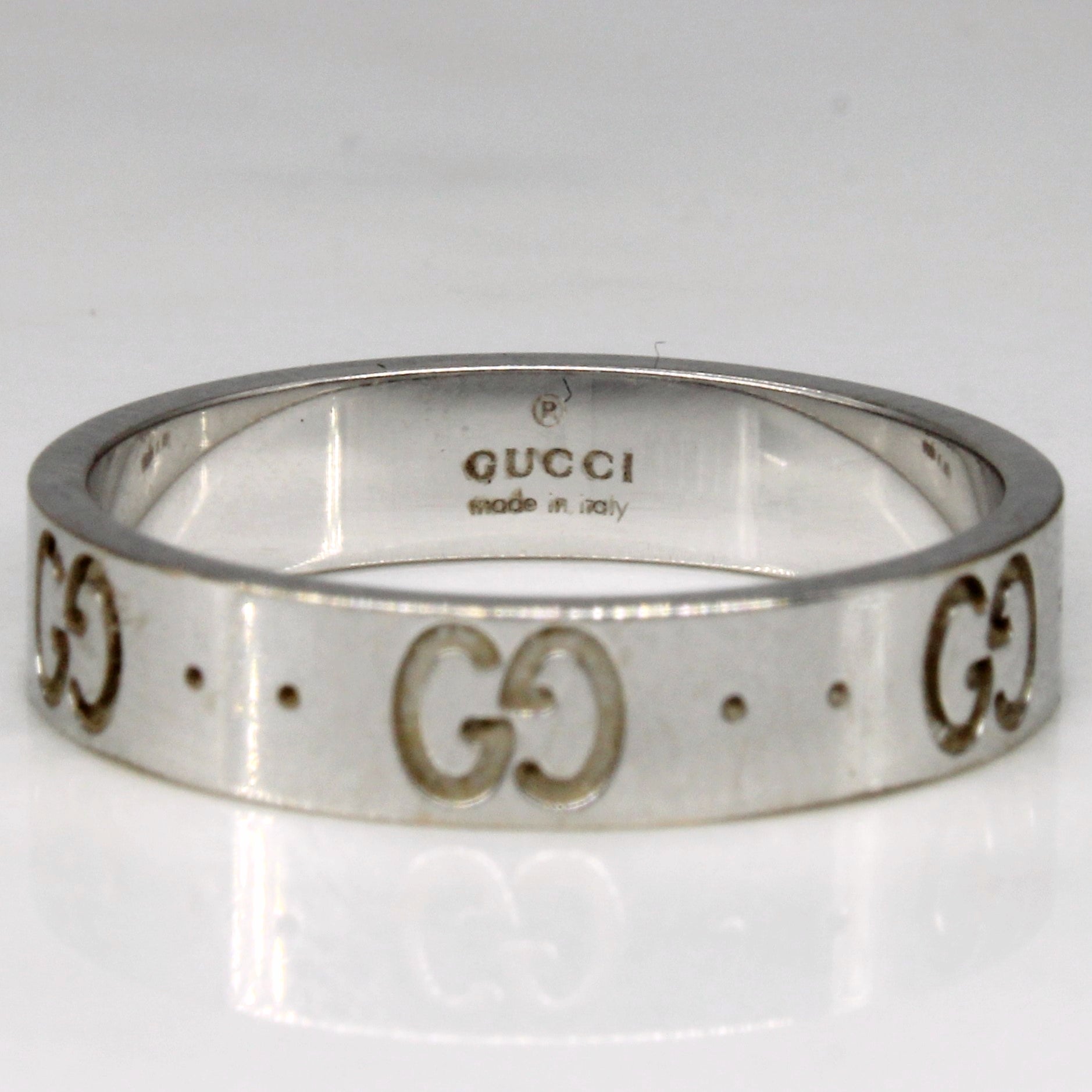 'Gucci' White Gold Designer Ring | SZ 6.75 |