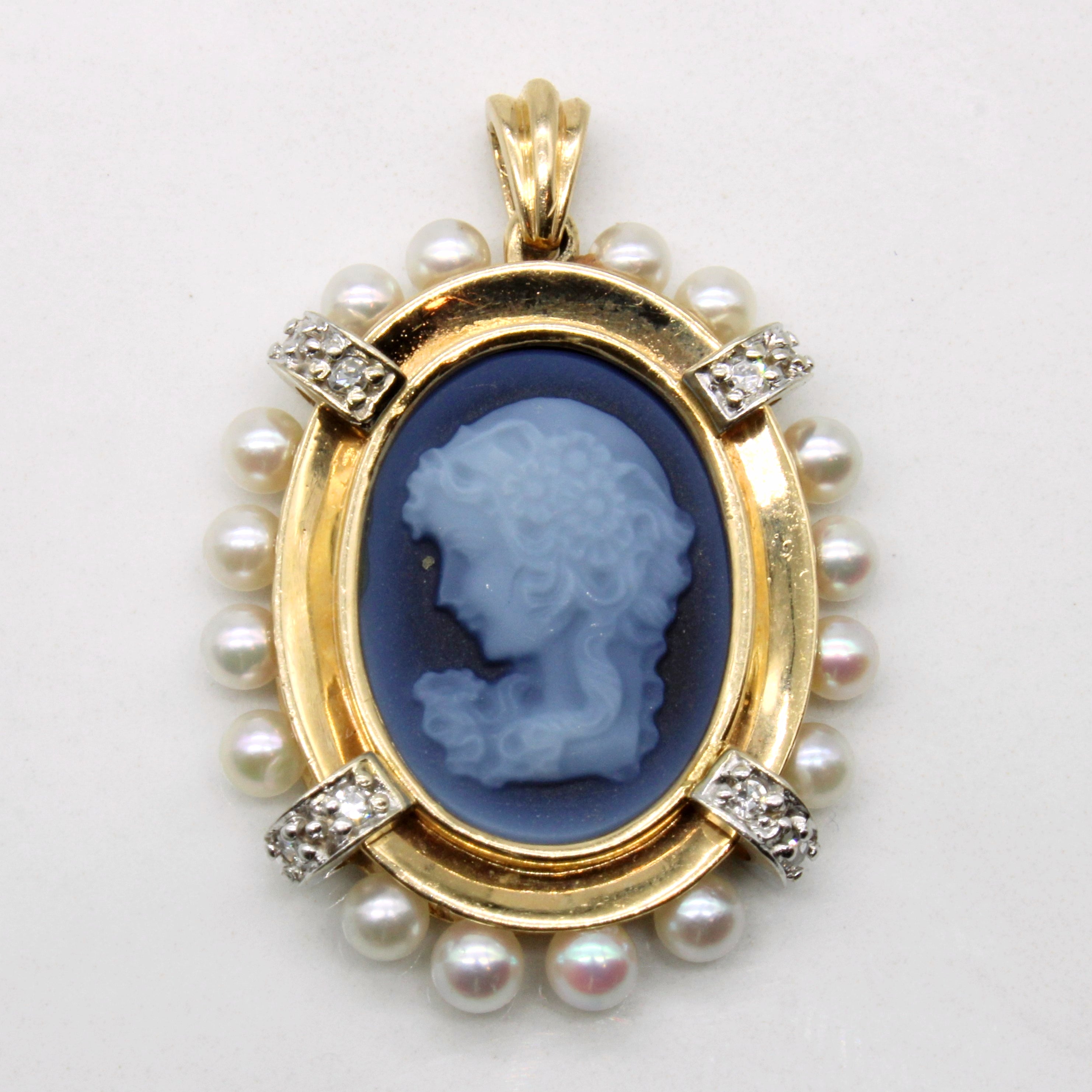 Blue Agate Cameo Pendant with Pearl & Diamond Accents  | 4.05ct, 0.08ctw |