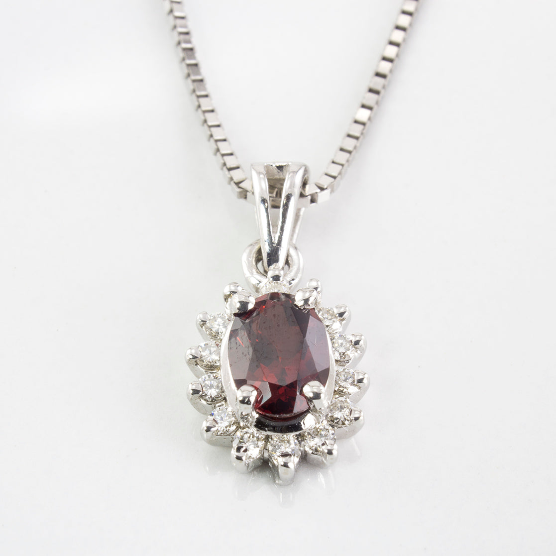 Oval Garnet & Diamond Halo Necklace | 1.15ct | SZ 18