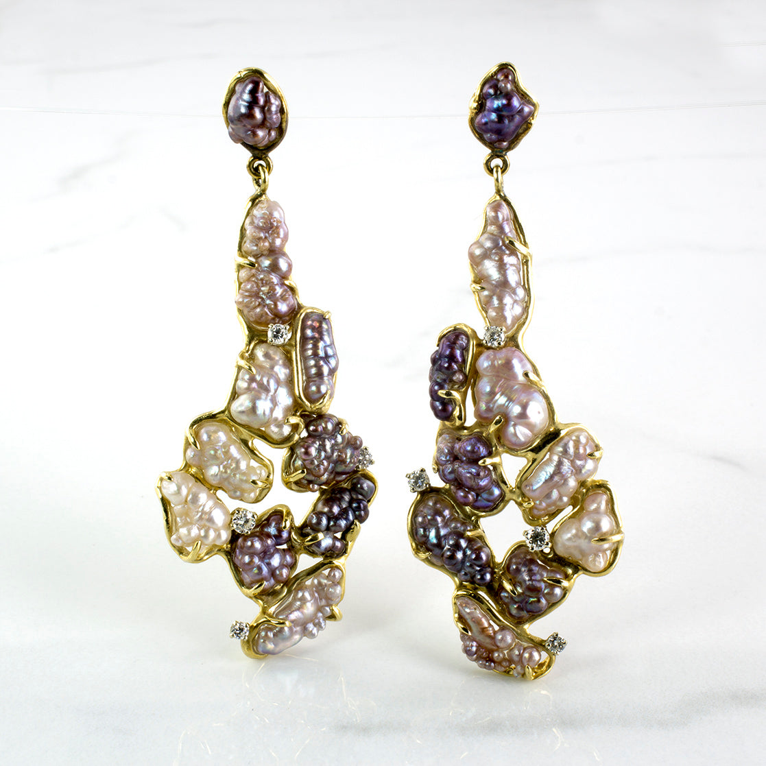 Baroque Pearl & Diamond Long Drop Earrings | 0.32 ctw Diamonds |