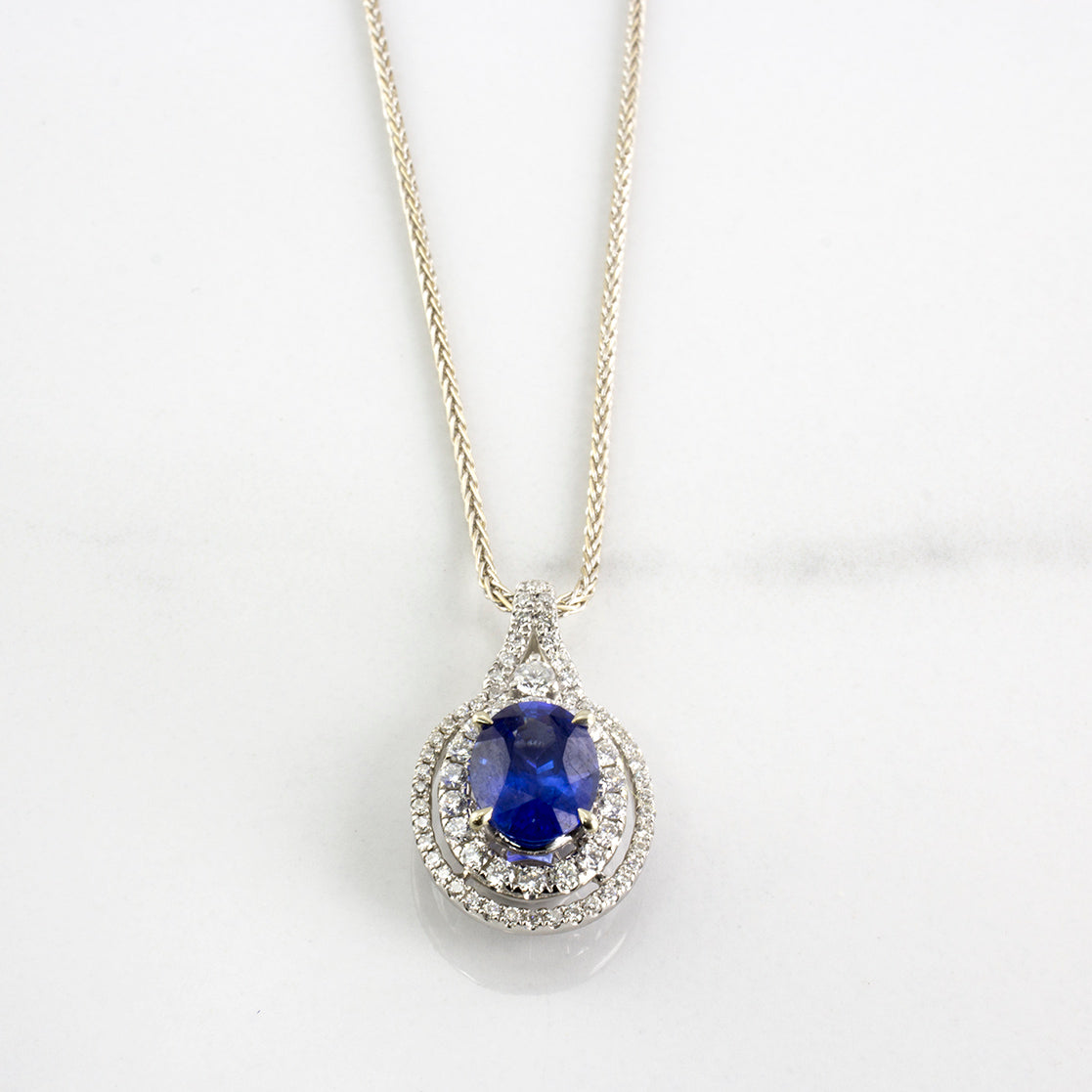Double Halo Sapphire Necklace | 1.80ct, 0.43ctw | SZ 20