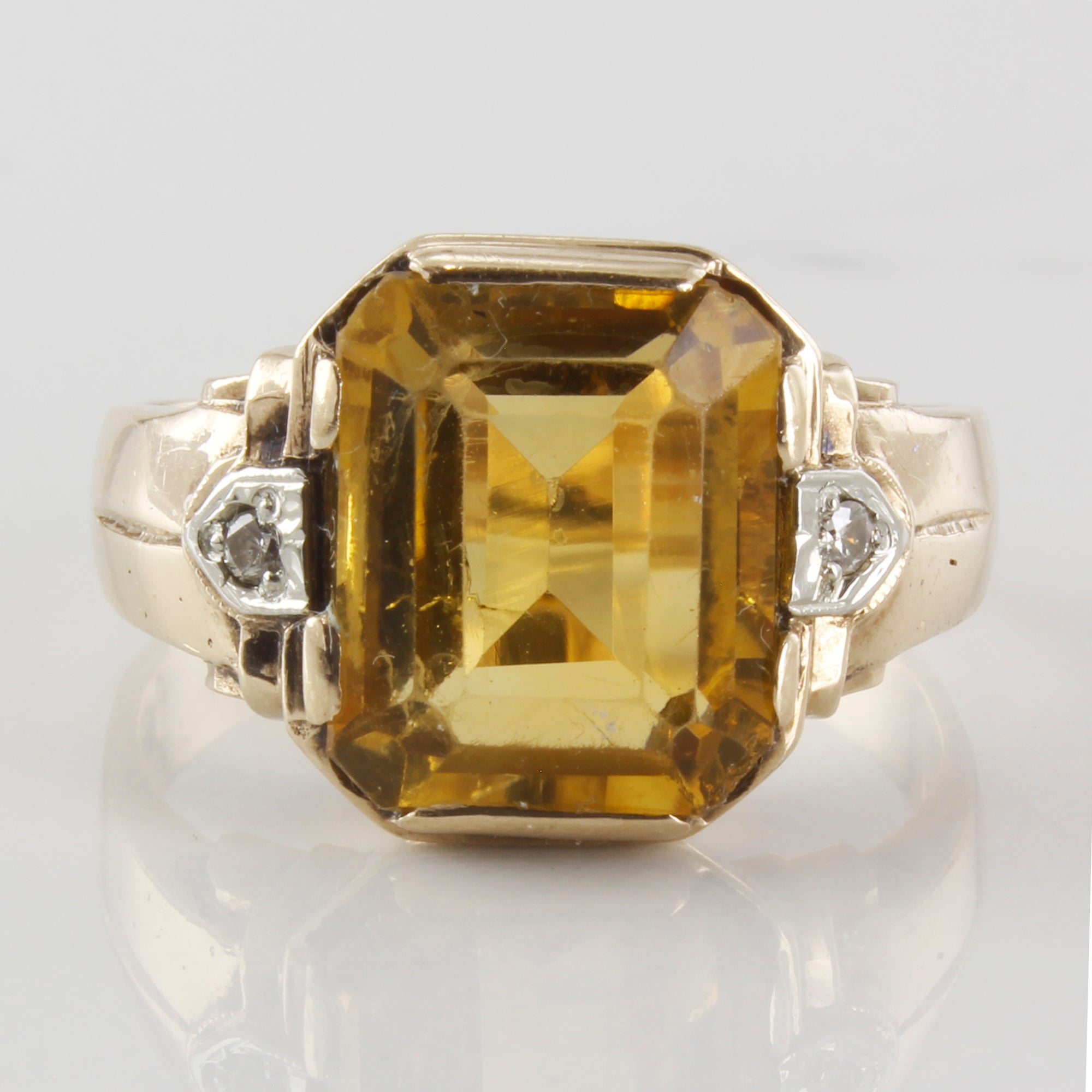 Emerald Cut Citrine & Diamond Ring | 0.04ctw, 6.11ct | SZ 10.5 |