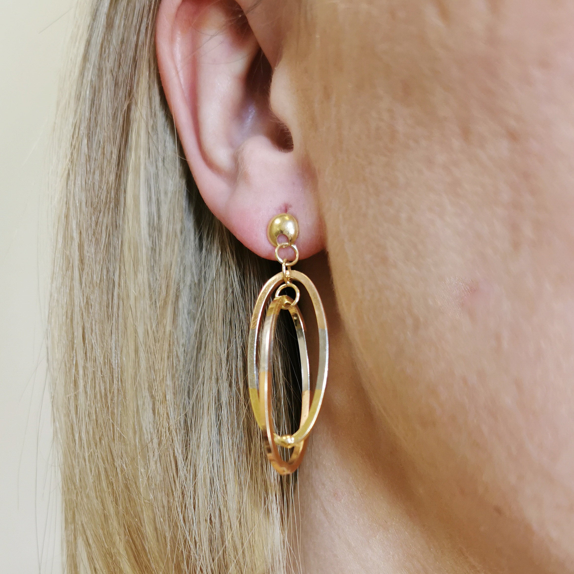 Tri Coloured Gold Drop Stud Earrings |