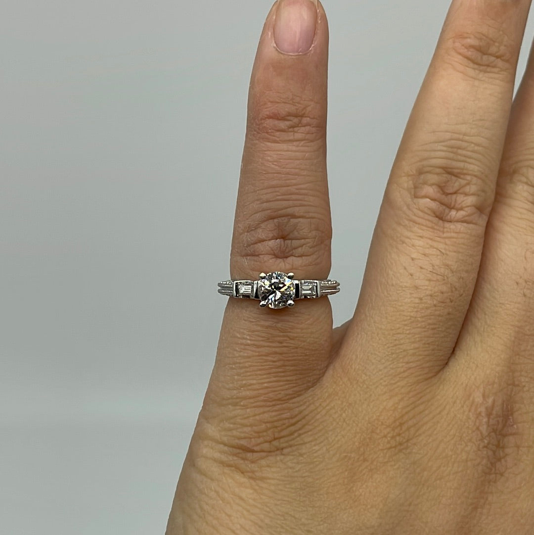 Round Brilliant Engagement Ring With Baguette Accents | 1.04 ctw | SZ 4.75|