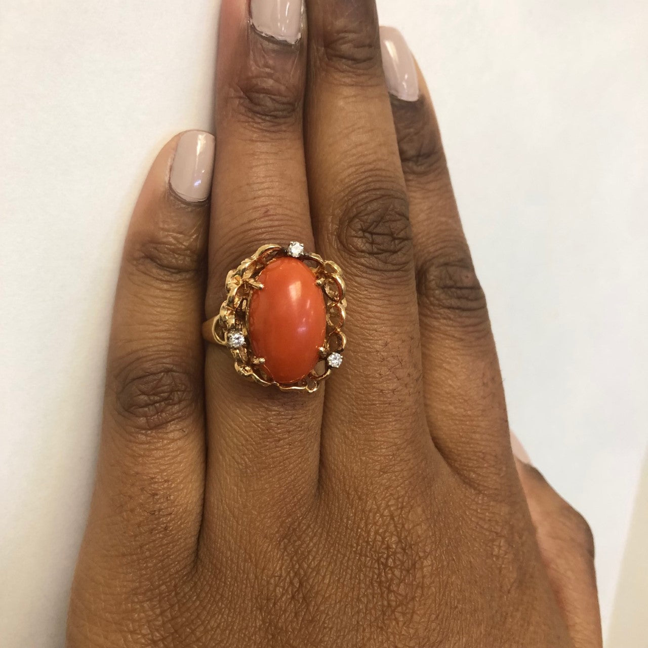 Coral & Diamond Bubble Halo Ring | 12.0ct, 0.12ctw | SZ 6.25 |