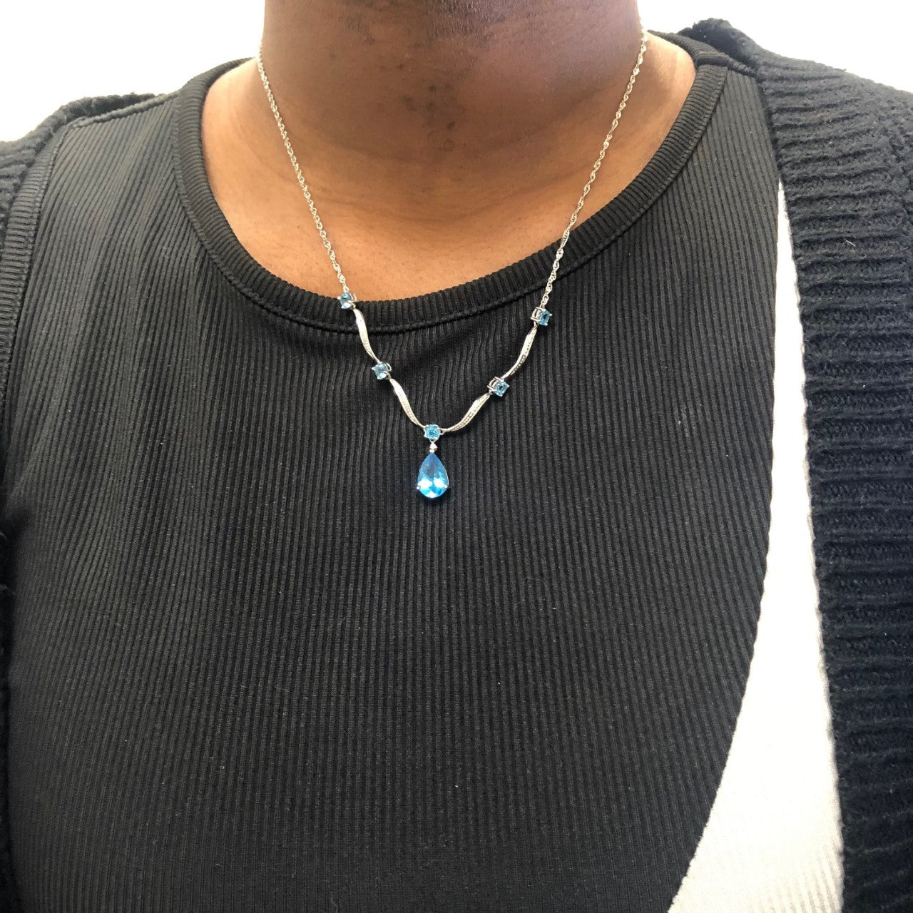 Blue Topaz & Diamond Drop Necklace | 4.00ctw, 0.01ctw | 20