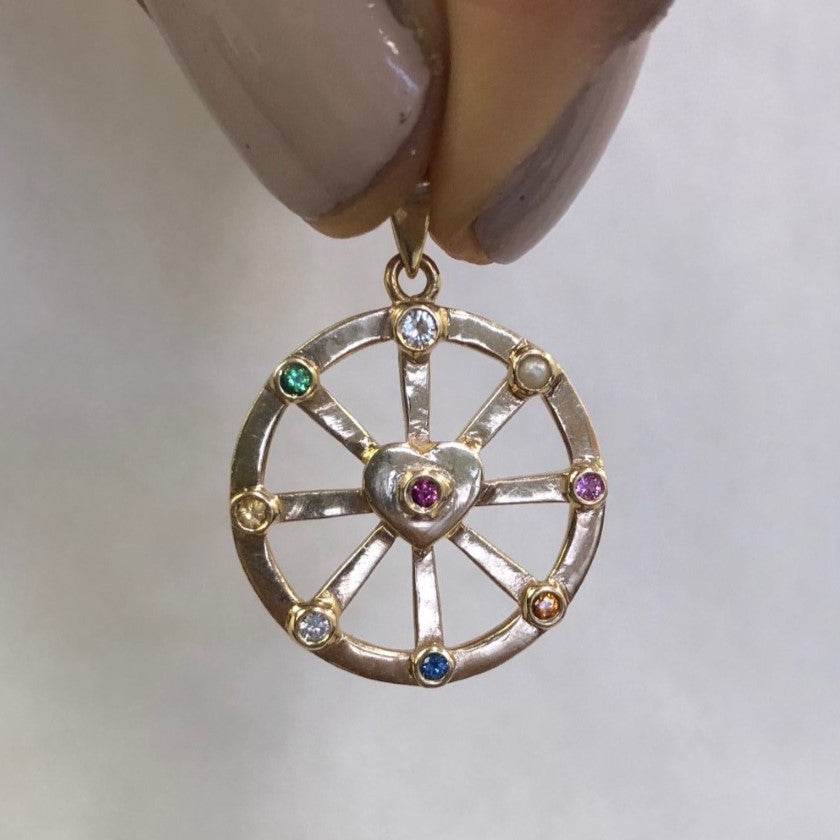 Diamond and Multi Gemstone Wheel with Heart 14k Pendant | 0.1 ctw |