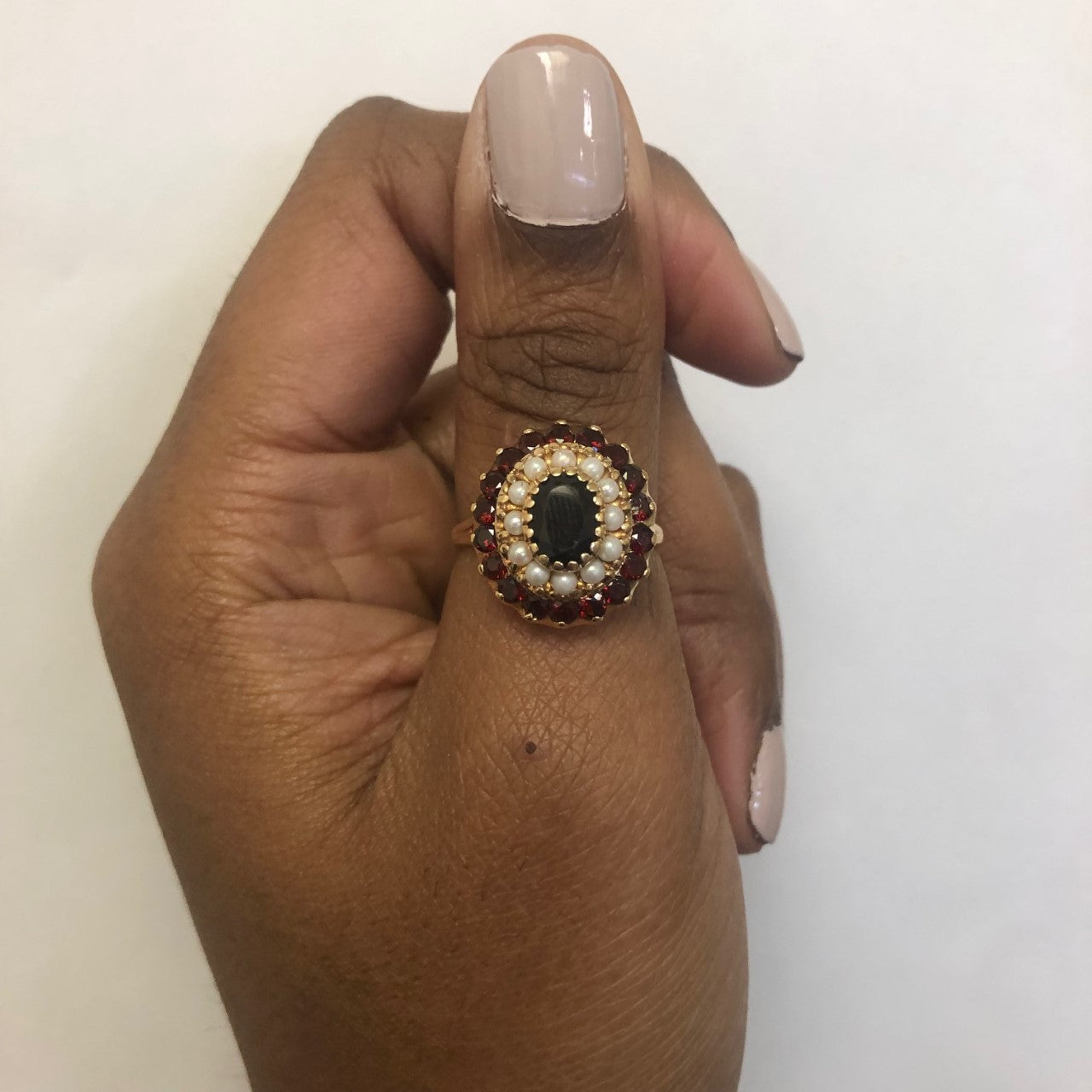 Double Halo Garnet & Pearl Ring | 2.35ctw | SZ 9.5 |